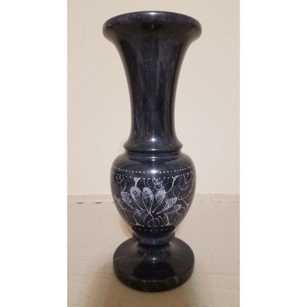 Etched black & white marble vase